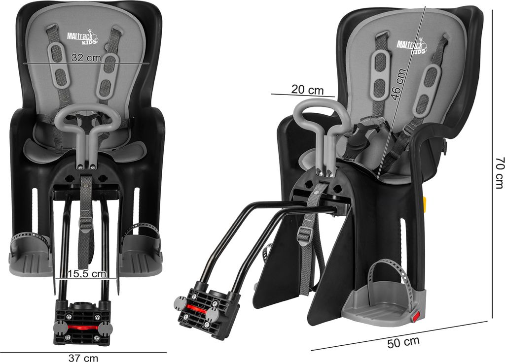Two views of a child bicycle seat, one front-facing and one side-facing, with dimensions indicated.