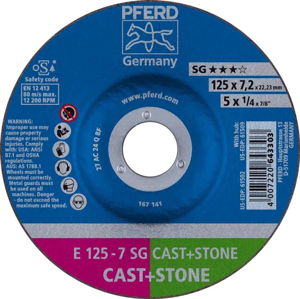 PFERD TOOLS Schruppscheibe E 125x7,2x22,23 mm Leistungslinie SG CAST+STONE für Guss/Stein, 2 Stück