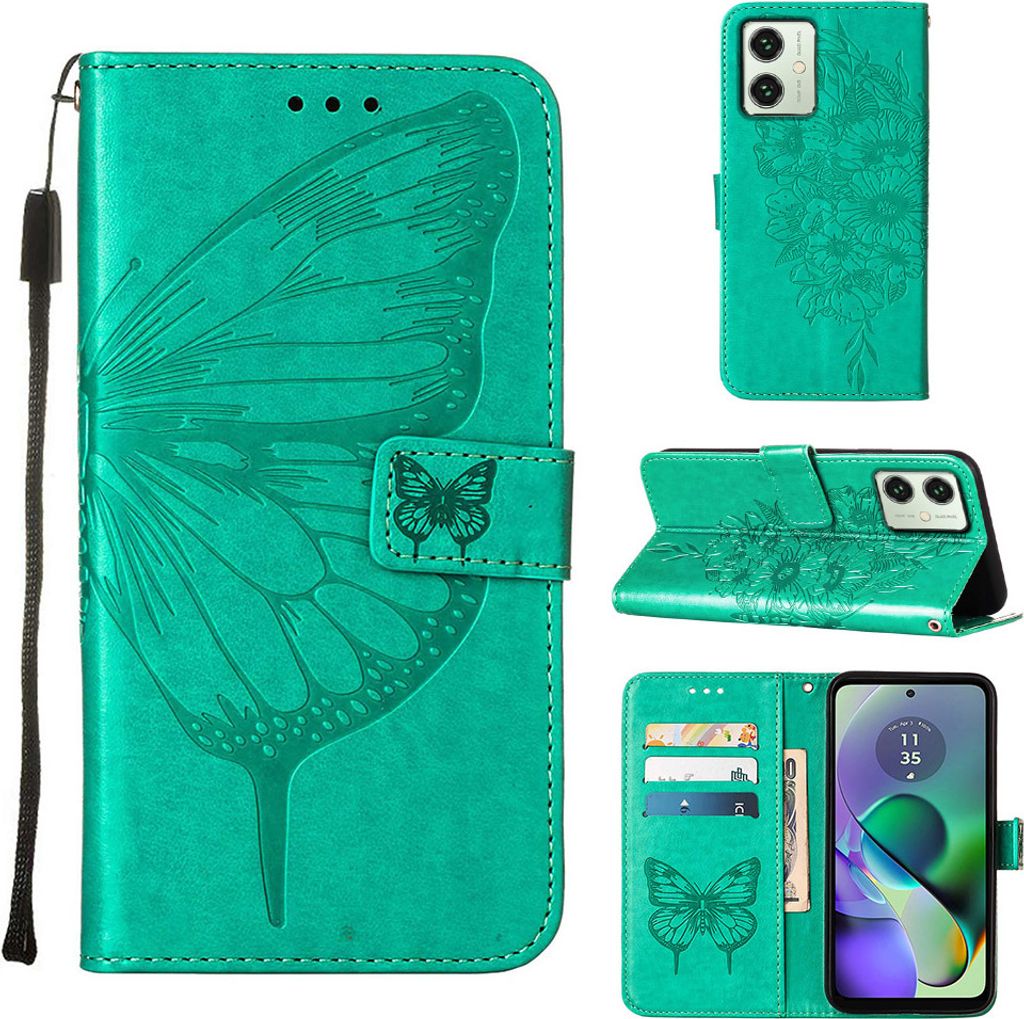 Lederhülle für Motorola Moto G54 Schmetterling Prägung Flip Ledertasche Kartenfächer Handyhülle mit Ständer Grün