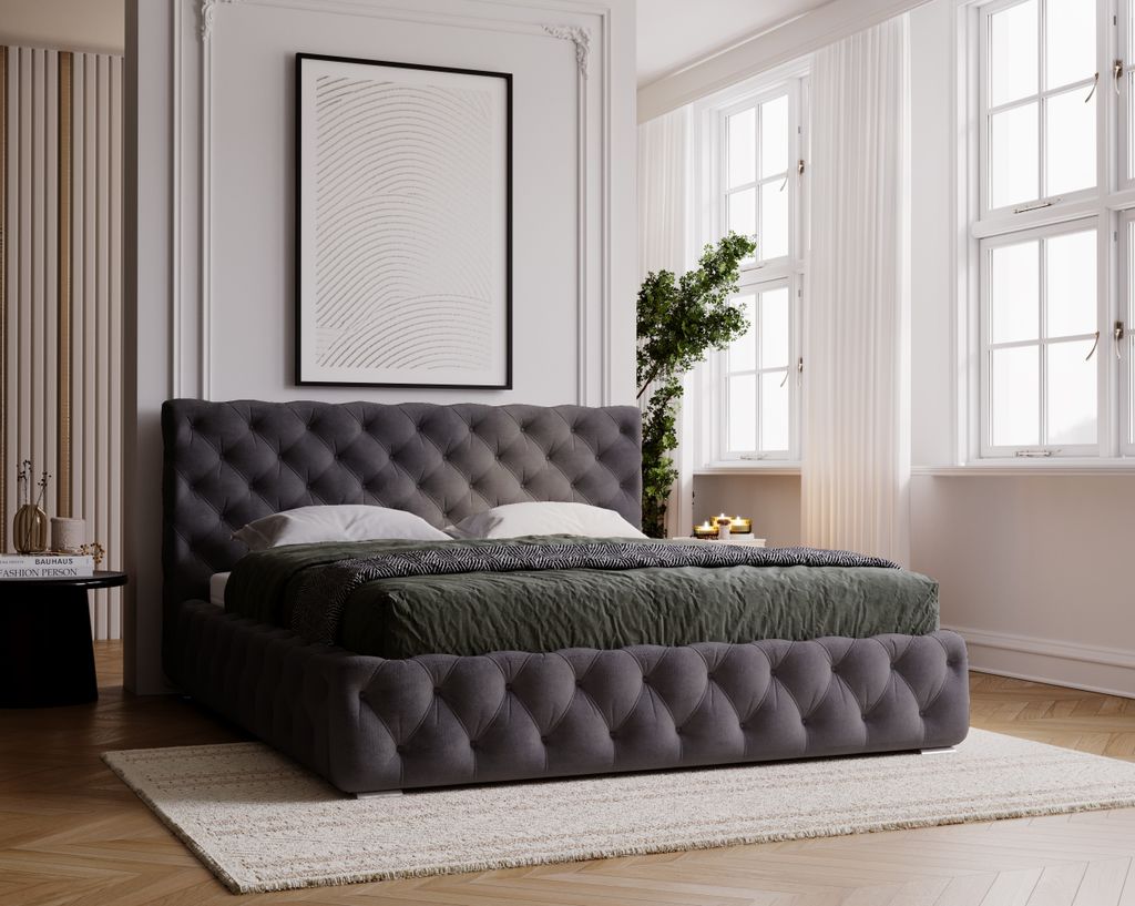 Polsterbett 200x200 cm Glory mit Bettkasten - Chesterfield Bett, Glamour - Doppelbett mit Lattenrost, Schwarz