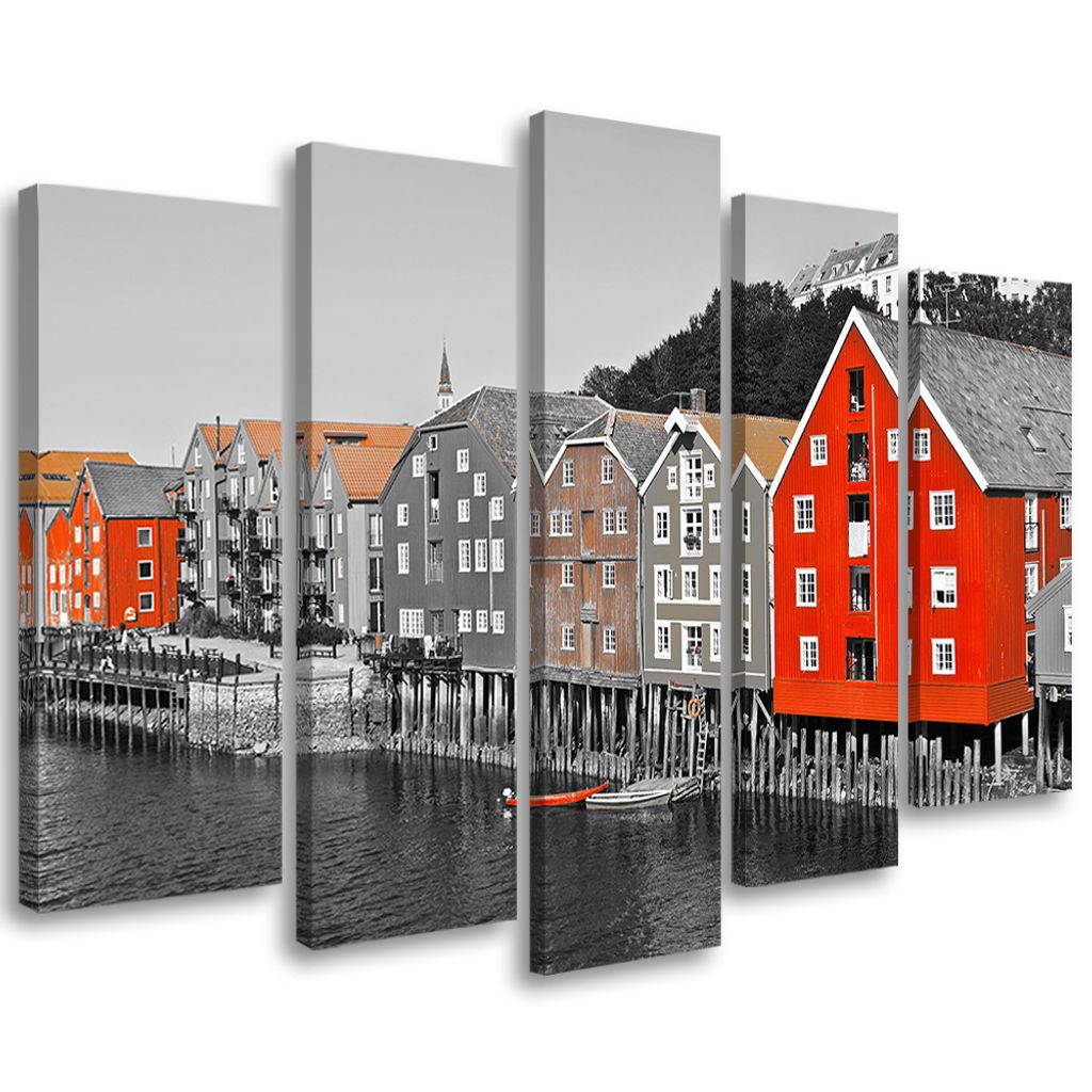 5-teiliges leinwandbild gebäude meer 200x100 cm Feeby rot wandbild bereit zum aufhängen
