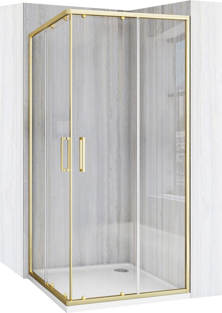 A gold-framed glass shower enclosure with a gray tiled wall background.