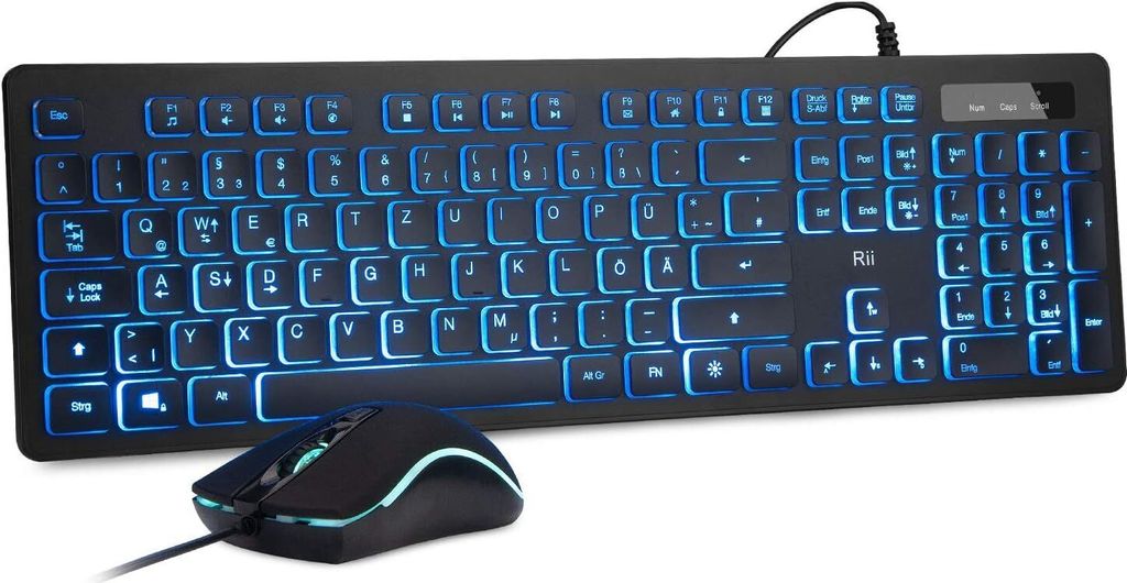 A black keyboard and mouse set with blue LED backlighting, shown on a white background.