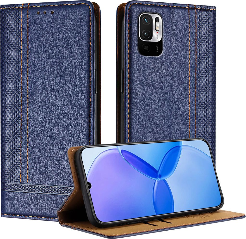 Handyhülle für Xiaomi Poco M3 Pro/Redmi Note 10 5G Leder Flip Klappbare Schutzhülle mit Standfunktion Blau