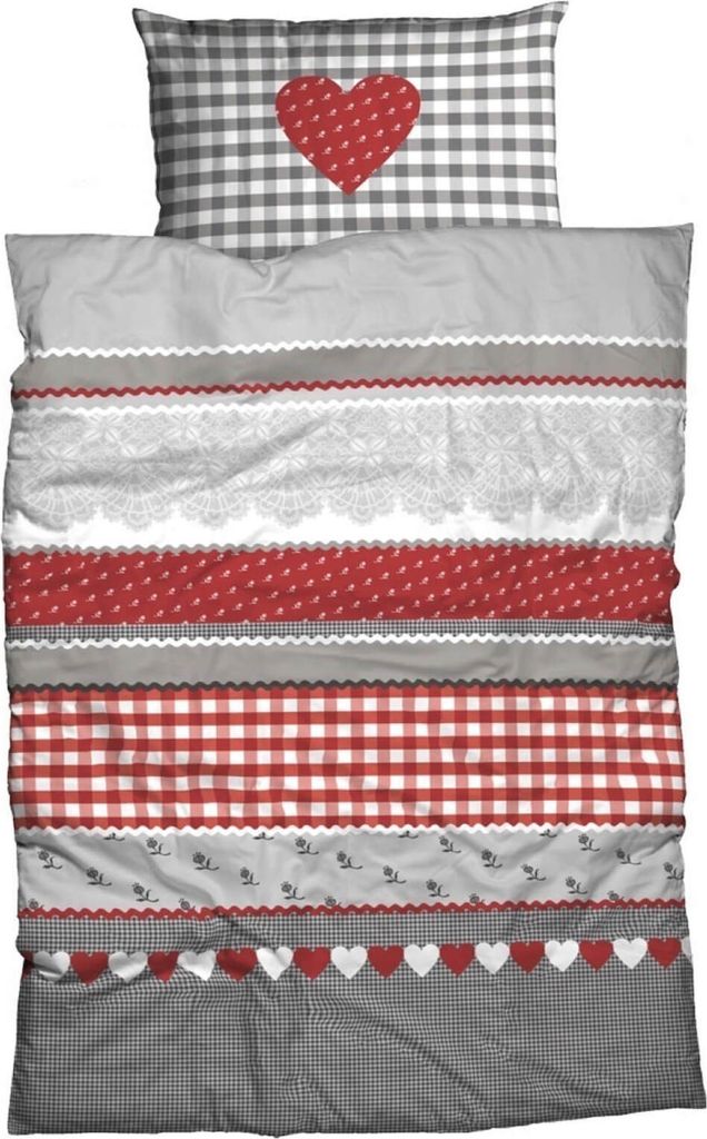 CASATEX Bettwäsche Herz Karo Silber Rot Biber, Größe:200 cm x 220 cm