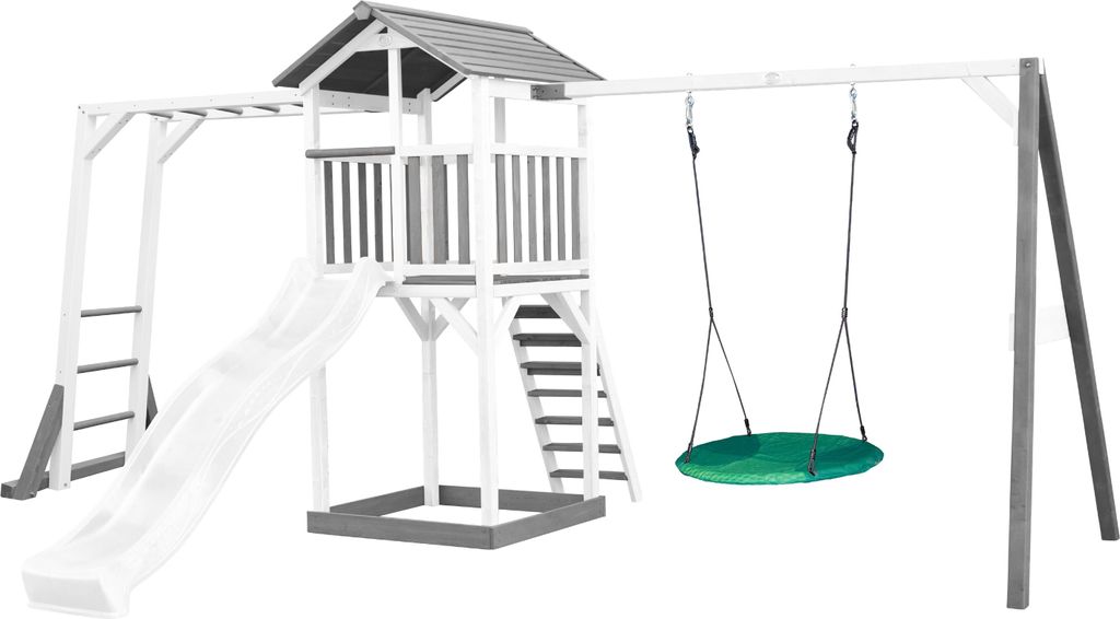 AXI Beach Tower Spielturm aus Holz in Weiß & Grau | Spielhaus für Kinder mit weißer Rutsche, Klettergerüst, Nestschaukel und Sandkasten | Stelz...