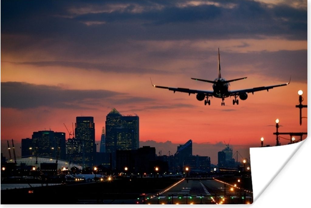 MuchoWow Poster Landung eines Flugzeugs bei Sonnenaufgang 60x40 cm - Schlafzimmerdekoration