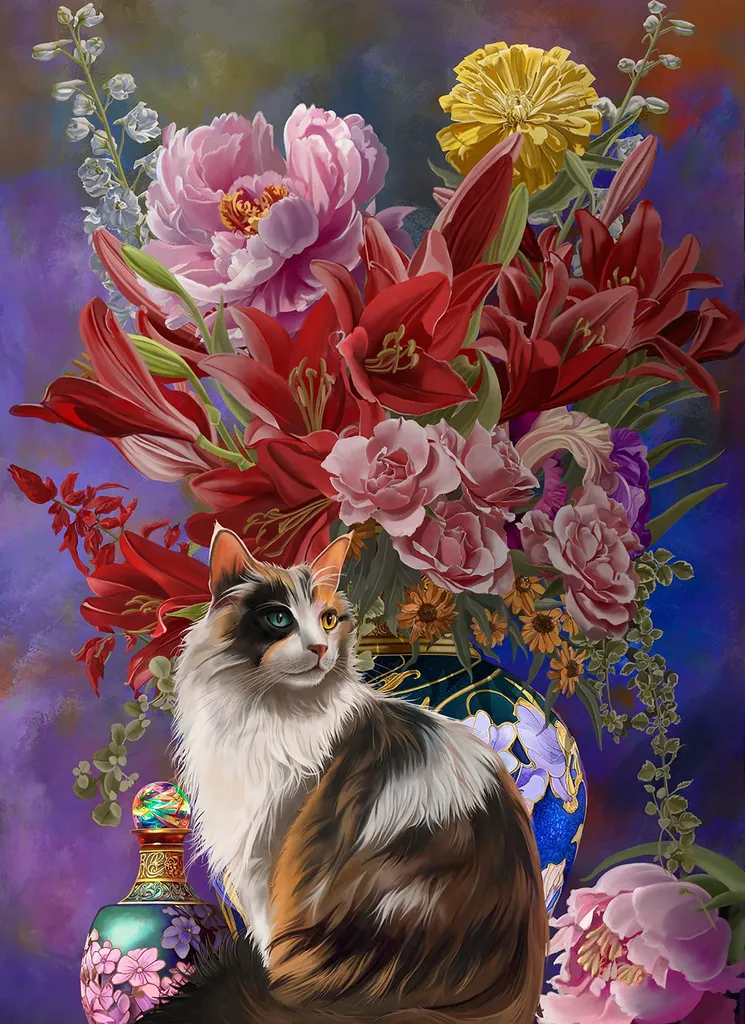 Puzzle facile à lire 500 pièces XXL Chinoiserie chats et fleurs