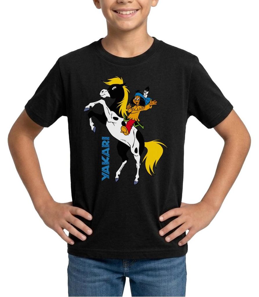 Spreadshirt Yakari Winkt Auf Pferd Kleiner Donner Teenager T-Shirt, 152/164 (12-14 Jahre), Schwarz