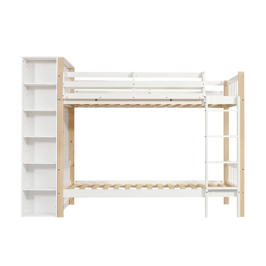 Kinderbett mit Fallschutz und Gitter Kleiderschrank Seitlich Etagenbett Jugendbett Kiefer+PB Weiß 90x200cm