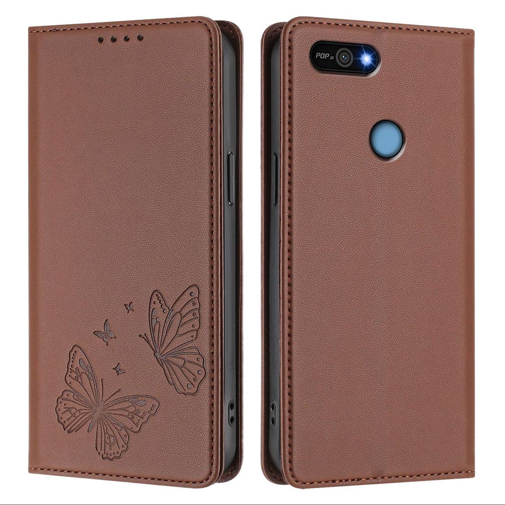 Lederhülle für Tecno Pop 2/Pop 2 Pro/Pop 2 F, Schmetterling Prägung Leder Brieftasche Schutzhülle mit Ständer Braun