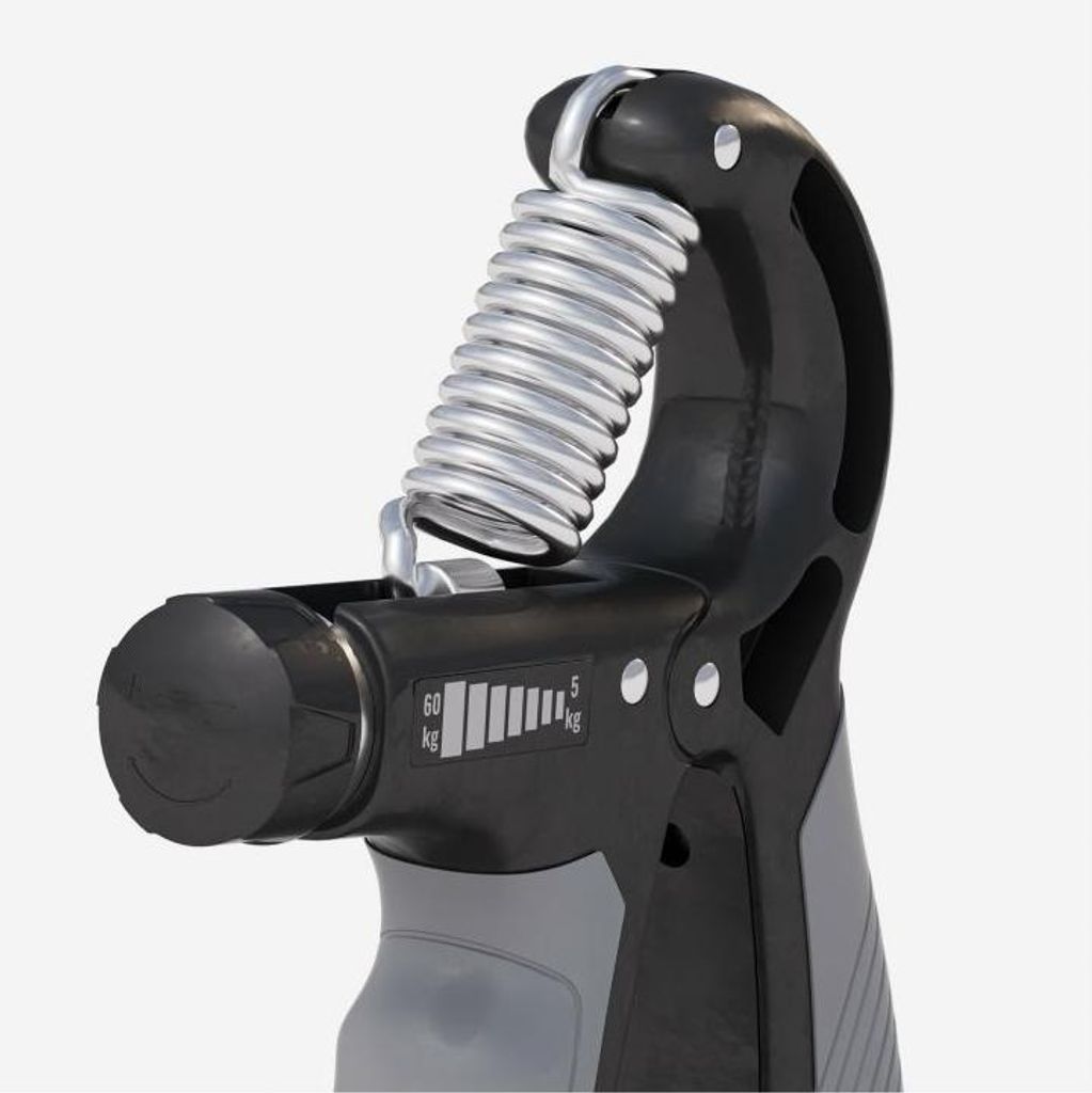 A close-up studio shot of a hand grip strengthener.