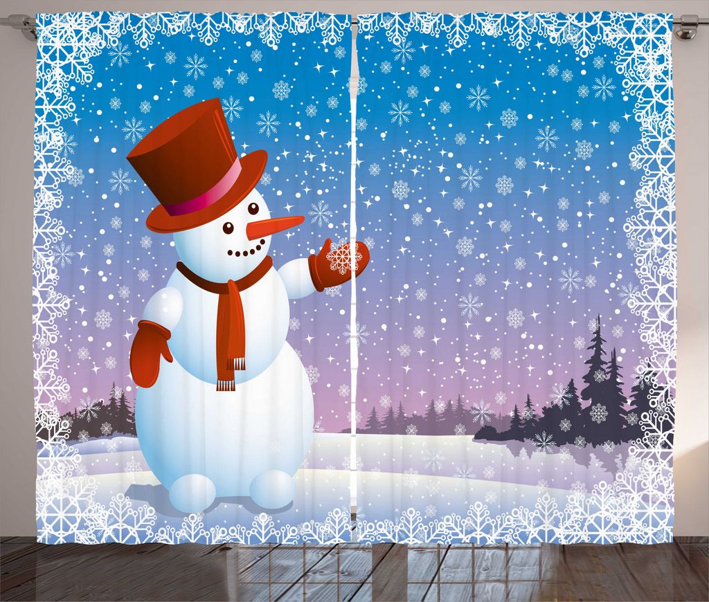 ABAKUHAUS Schneemann Rustikaler Gardine, Glückliche Cartoon Schneefall, Schlafzimmer Kräuselband Vorhang mit Schlaufen und Haken, 280 x 245 cm, M...