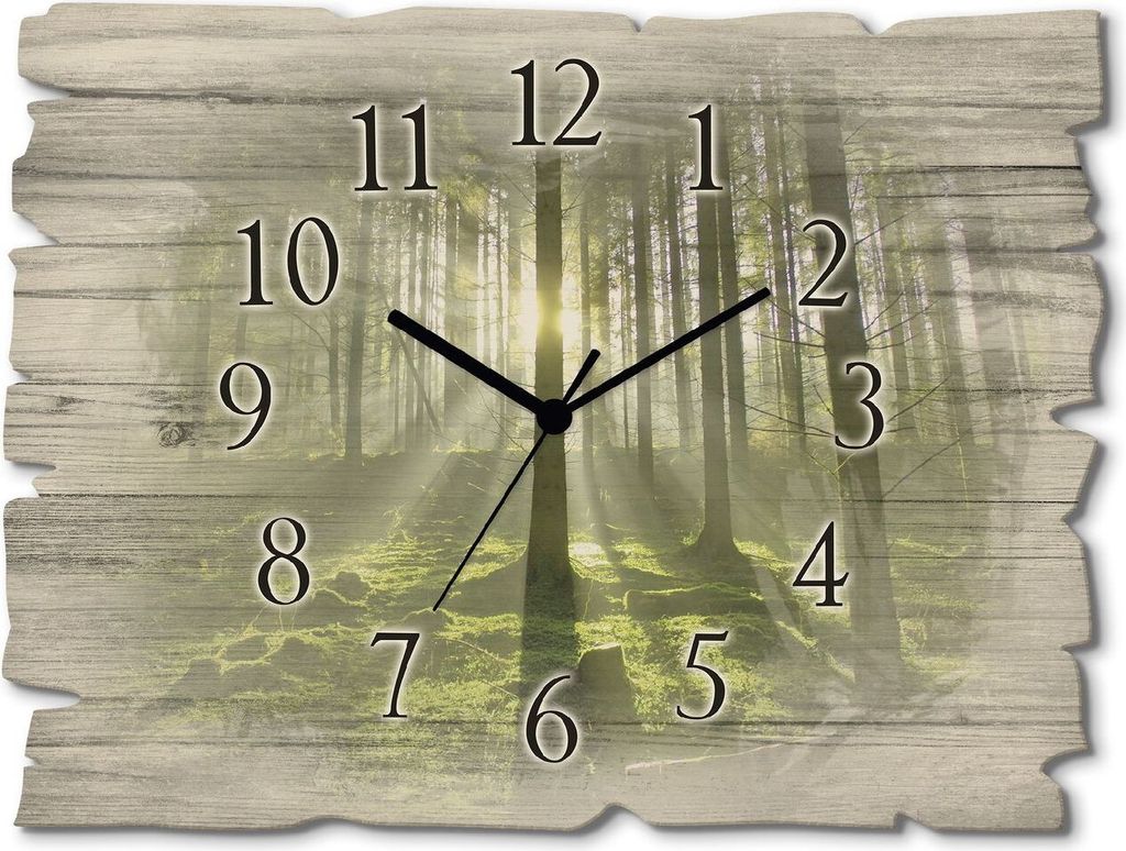 ARTland Holz Wanduhr Quarzuhr - schwarzer Zeiger Wald im Gegenlicht Größe: 40x30 cm