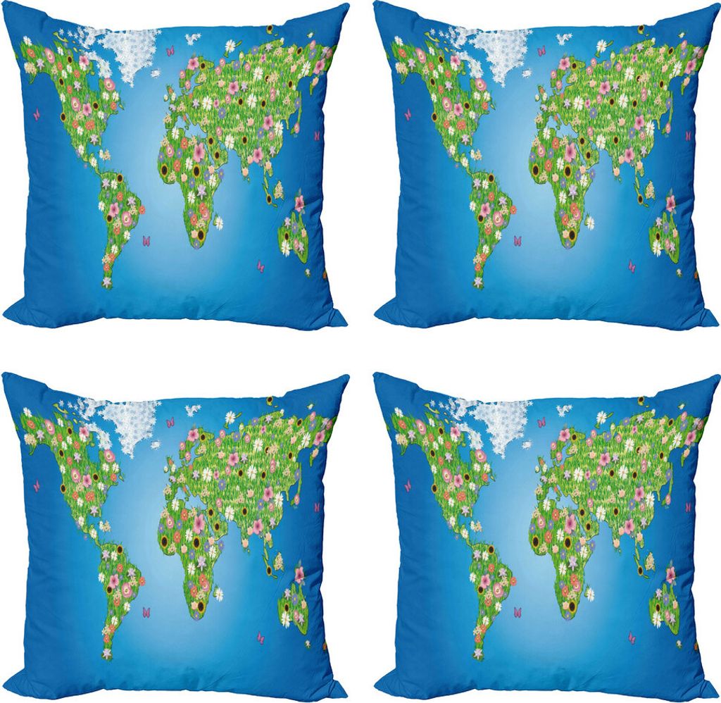 ABAKUHAUS Floral Weltkarte Kissenbezug Set (4 Stück), Daisy Lily Grass, Moderner Doppelseitiger Digitaldruck, 60 cm x 60 cm, Lindgrün Blau