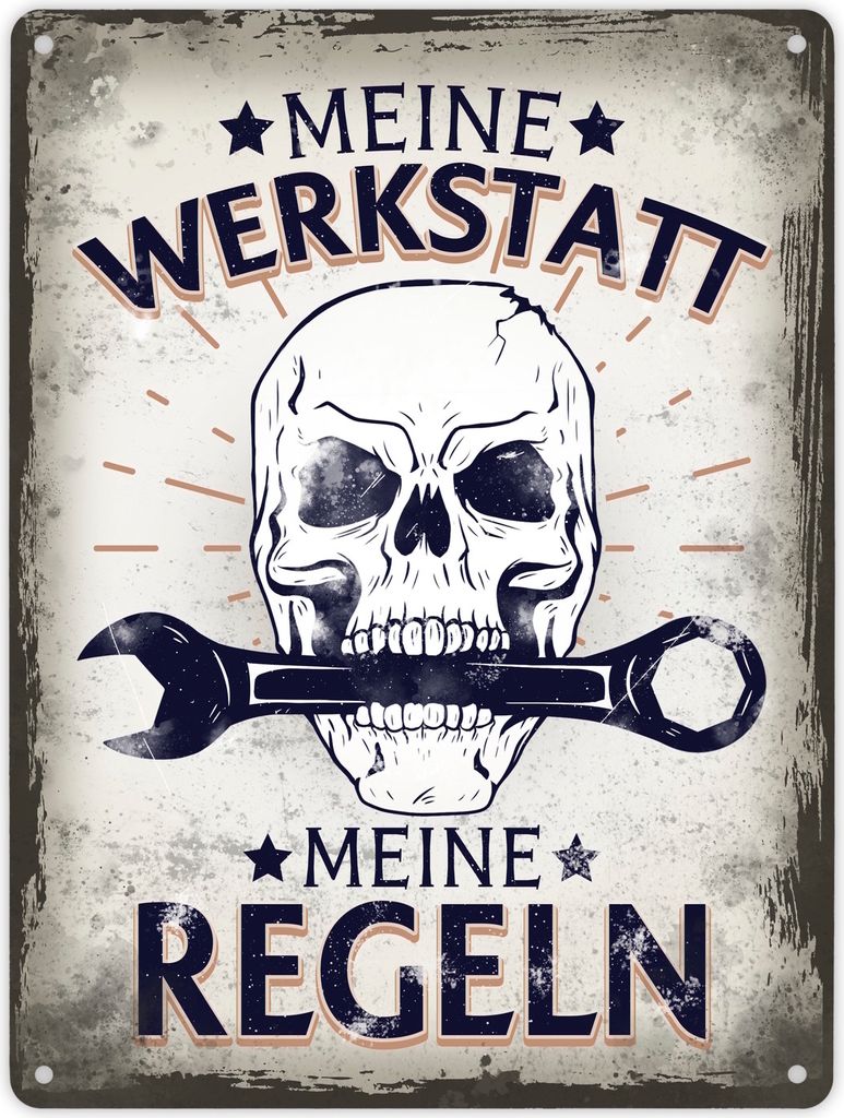 Meine Werkstatt meine Regeln mit Totenkopf Metallschild XL in 21x28 cm