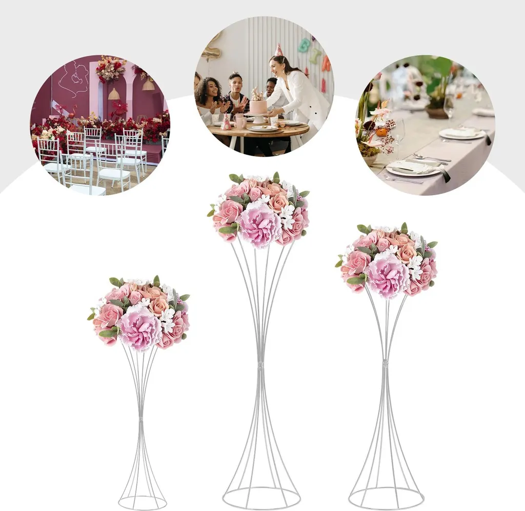 Décoration de Mariage : Set de 3 Socles de Fleurs Blancs en Métal