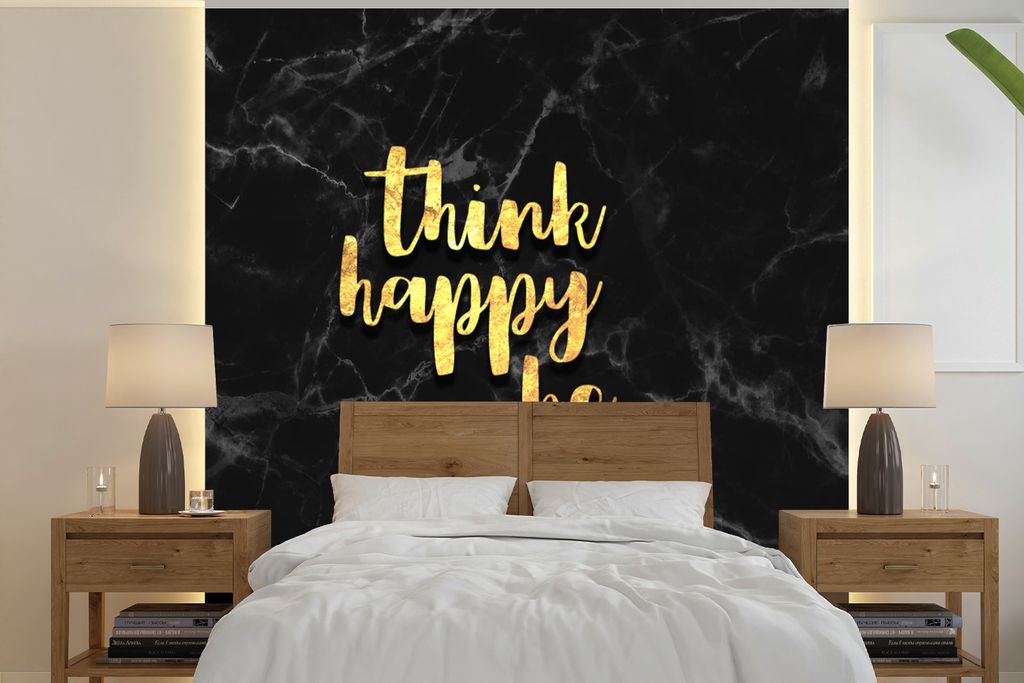 MuchoWow Fototapete für Wohnzimmer oder Schlafzimmer Wandtapete Vinyl Motivtapete Zitat - Glücklich - Gold - Marmor - 260x260 cm - Papiertapeten