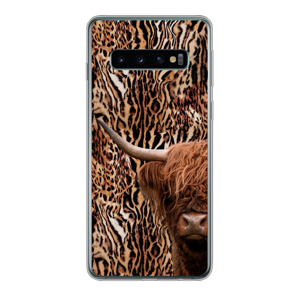 MuchoWow Handyhülle Schutzhülle Hülle für Samsung Galaxy S10 Schottischer Highlander - Kuh - Pantherdruck Silikon Softcase Handy Hülle - Han...
