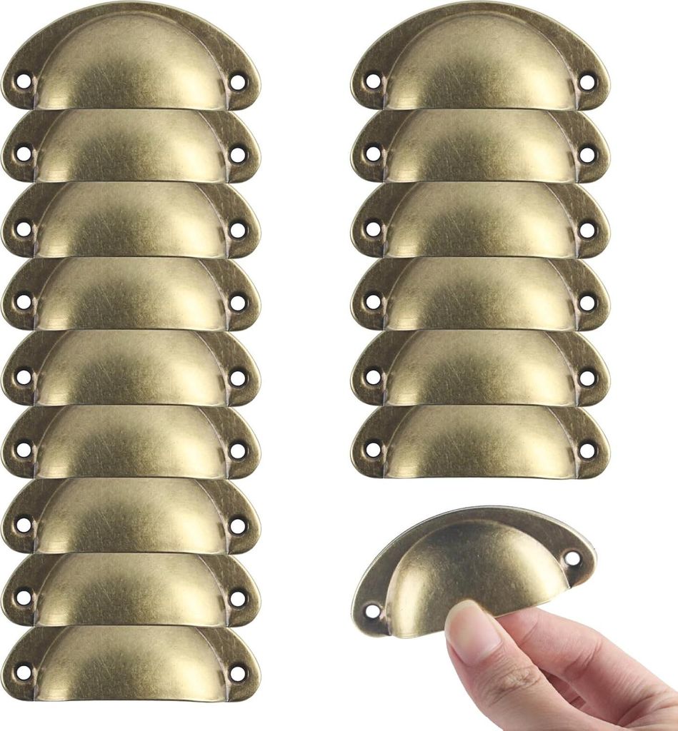 Allecto Premium - Vintage Schelpgreep Set von 16 Stück mit Schrauben - Gelbbronze für Küchenschränke und Schubladen