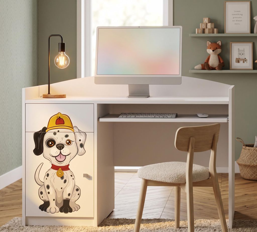 Kinderschreibtisch Weiß "Happy B04" | Jugendmöbel Lernschreibtisch mit Stauraum | Stabiler PC-Tisch für das moderne Kinderzimmer, Hund, Feuerweh...
