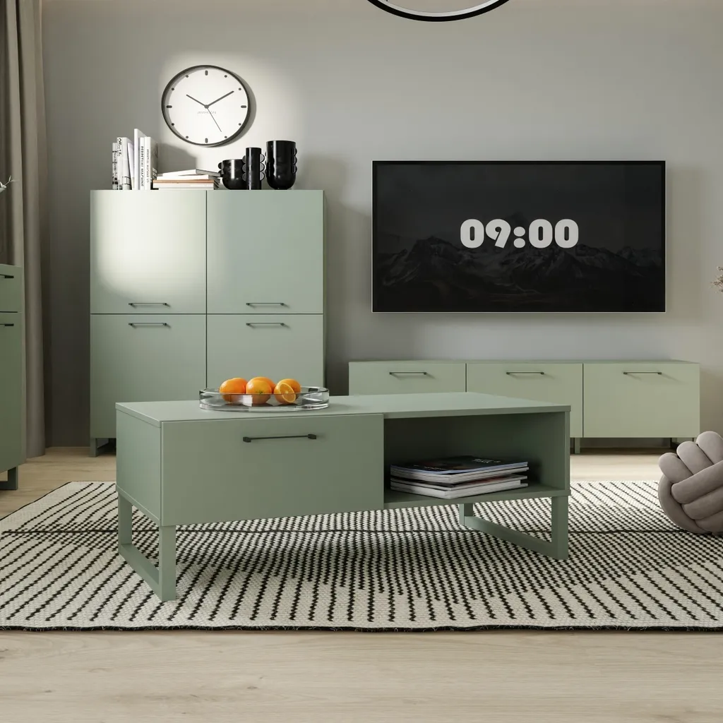 Table basse SILBA avec tiroir coloris sauge 110x44cm pour votre salon
