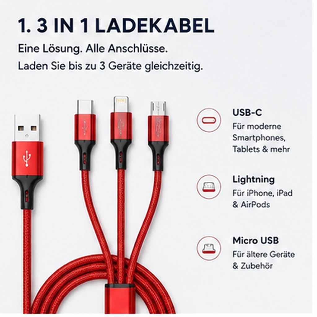 Câble de recharge 3 en 1 1,2 m USB vers USB-C Lightning Image du produit 
