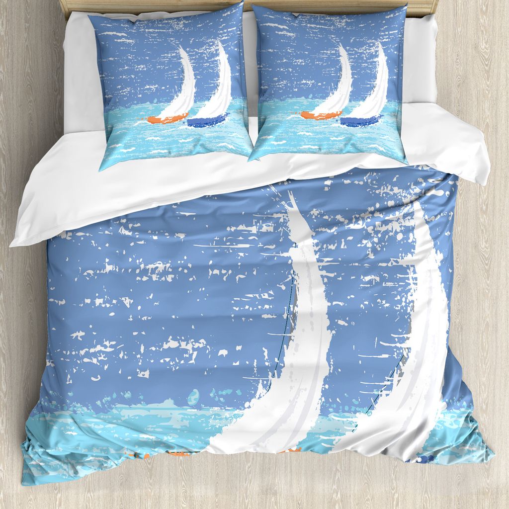 ABAKUHAUS Nautisch Bettbezug, Grunge Segelboot-Ozean, Milbensicher Allergiker geeignet mit Kissenbezügen, 200 cm x 200 cm - 80 x 80 cm, Hellblau