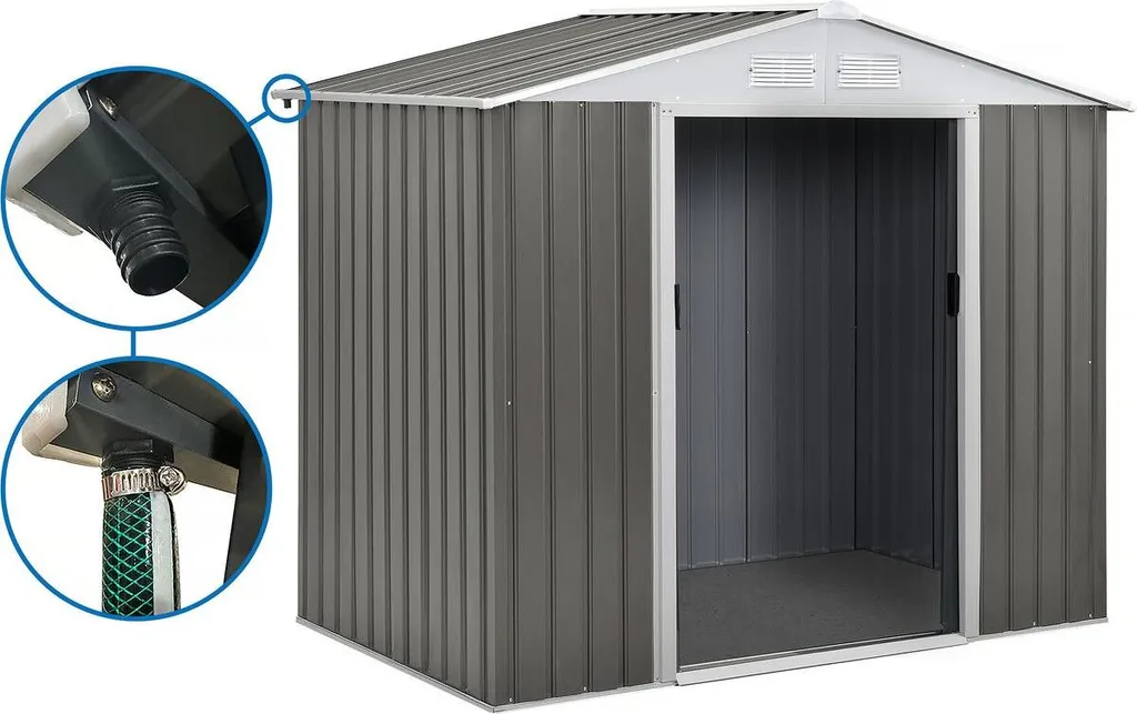 Abri de jardin métal Dallas 5,29 m² avec gouttière - Coloris Taupe
