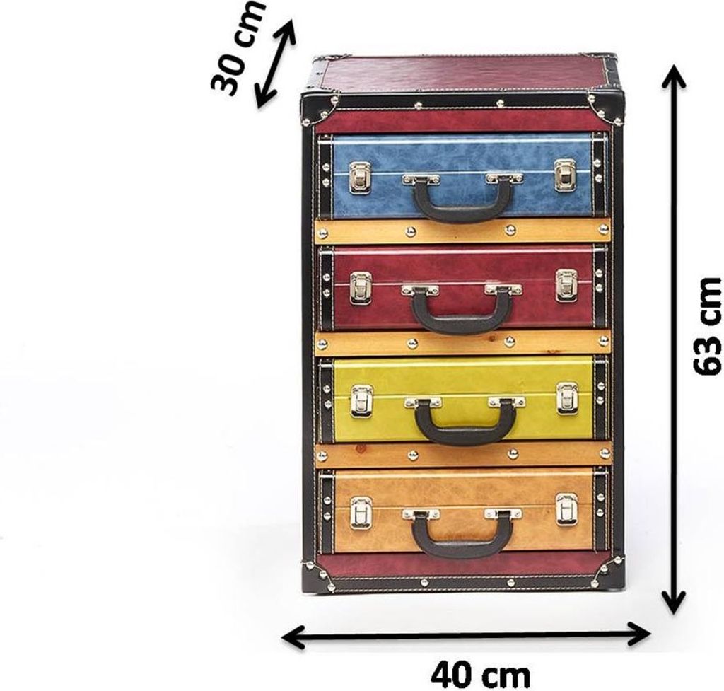A chest of drawers designed to look like vintage suitcases, with dimensions indicated.