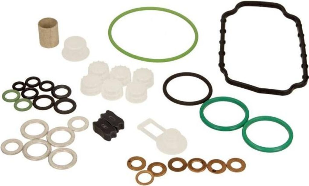 A collection of various seals and gaskets for a Bosch injection pump.