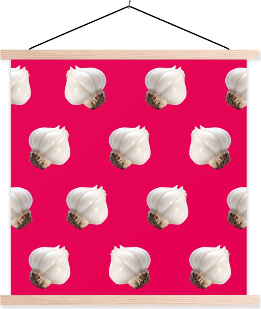 MuchoWow Textilposter Knoblauch - Gemüse - Muster - Rot 120x120 cm mit holzfarbenen Rahmen - Textil-Poster