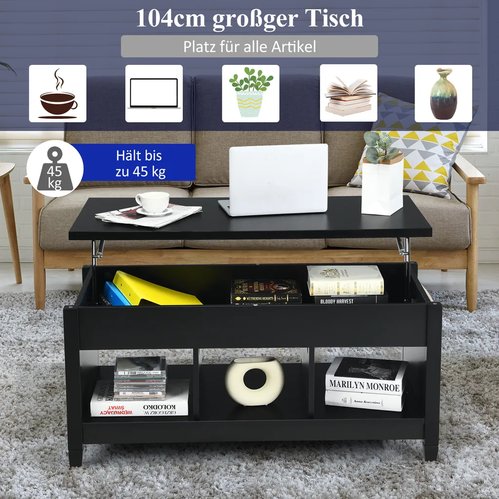 COSTWAY Table Basse Noir avec Plateau Relevable et Compartiment Intégré - 3