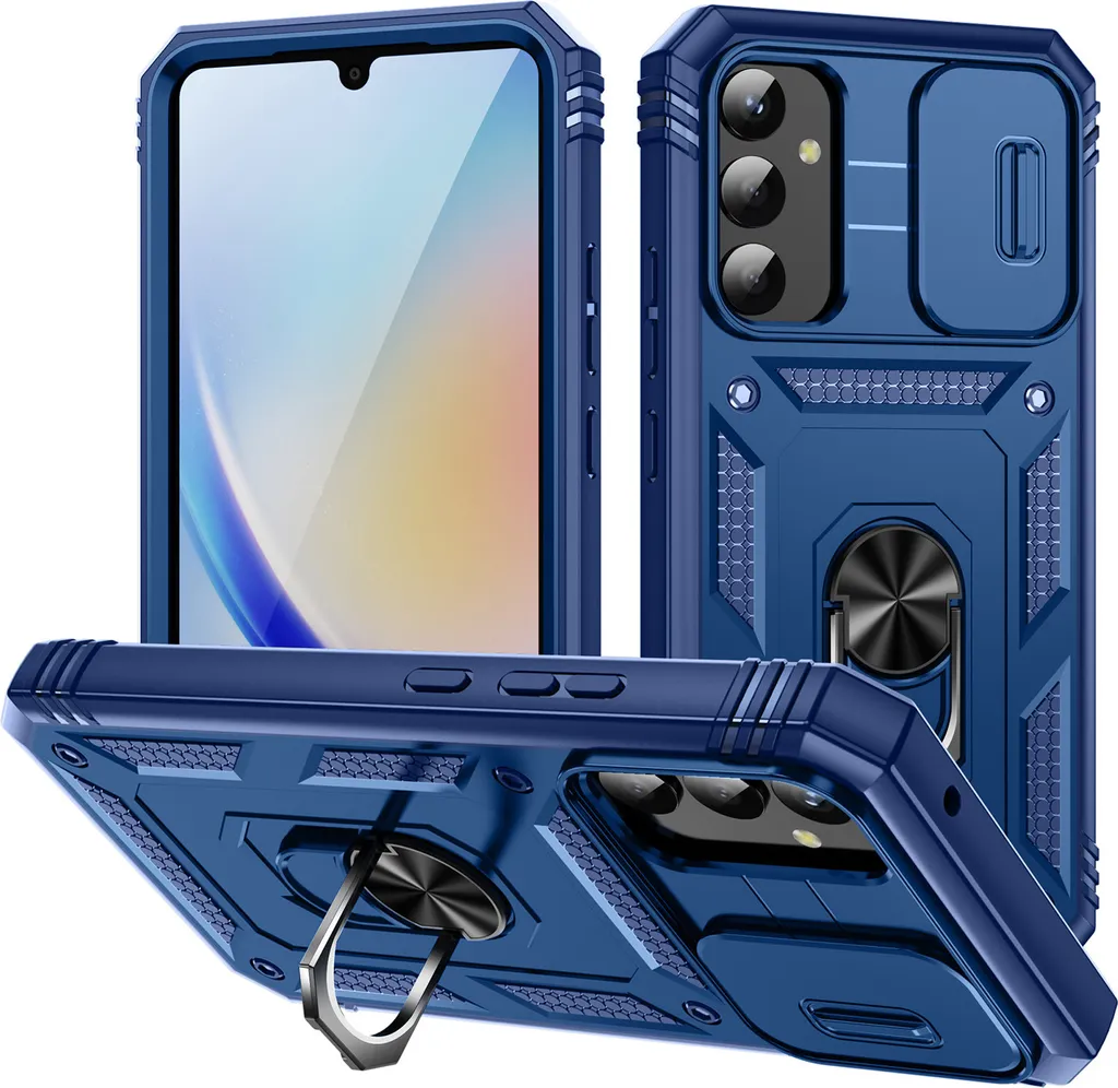Cover Samsung A34 Corazzata Blu: Protezione Fotocamera e Stand Anello