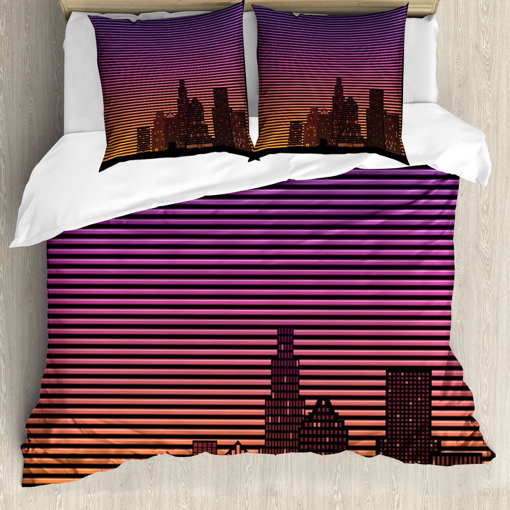 ABAKUHAUS Orange und Schwarz Bettbezug Set für Einzelbetten, 80 Skyline, Milbensicher Allergiker geeignet mit Kissenbezug, 155 cm x 220 cm - 80 x ...