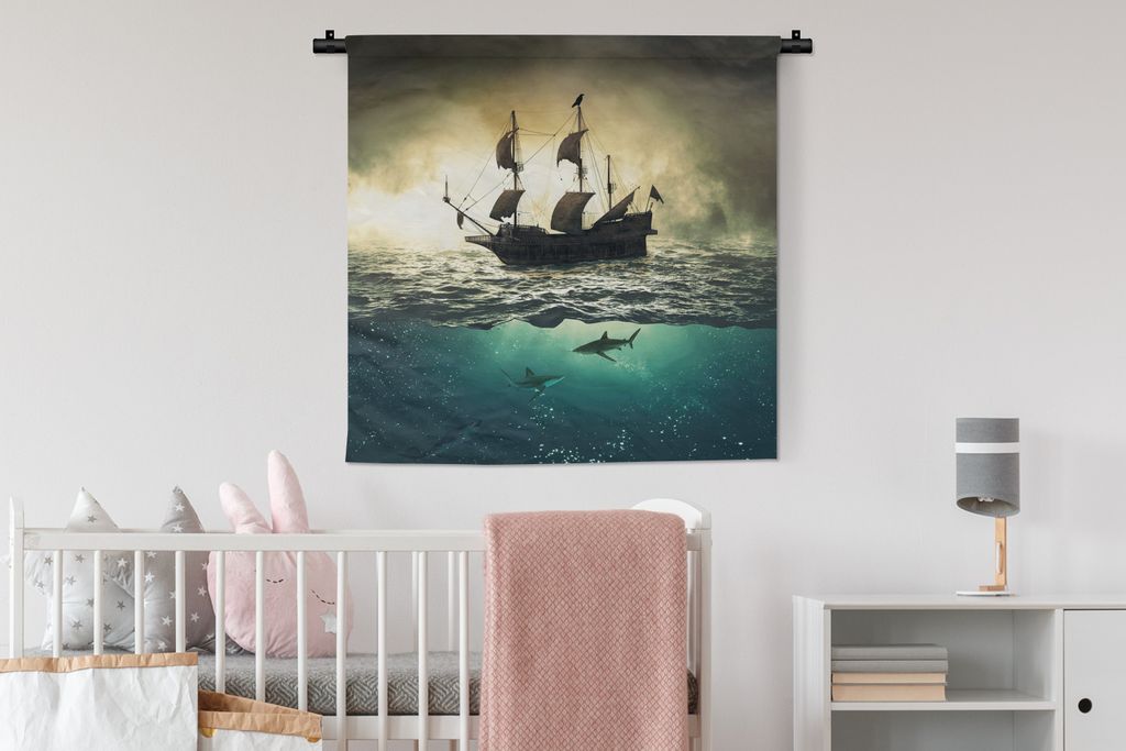 MuchoWow Wandteppich Wandbehang Meer - Boot - Hai 90x90 cm Tapisserie Dekoration Wandtuch - Wandaufhänger