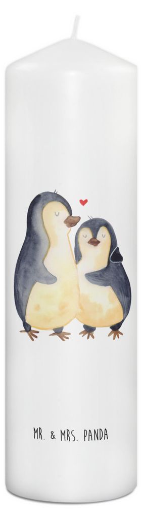Mr. & Mrs. Panda Bedruckte Kerze Pinguin umarmen 29 x 8 cm XL - Weiß - Geschenk, Hochzeit, Blockkerze, Hochzeitstag, Erinnerungslicht, Wachskerze,...