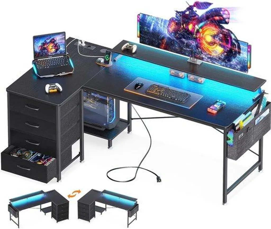 Bureau informatique noir avec LED - Design moderne et cadre robuste