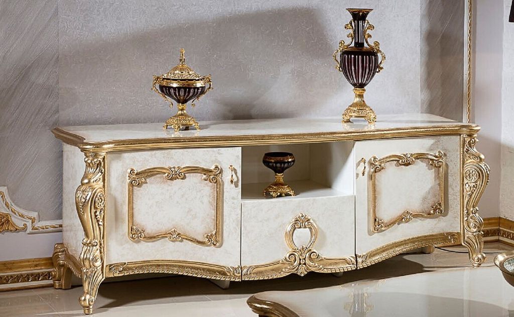 Casa Padrino Luxus Barock TV Schrank Weiß / Beige / Gold 190 cm