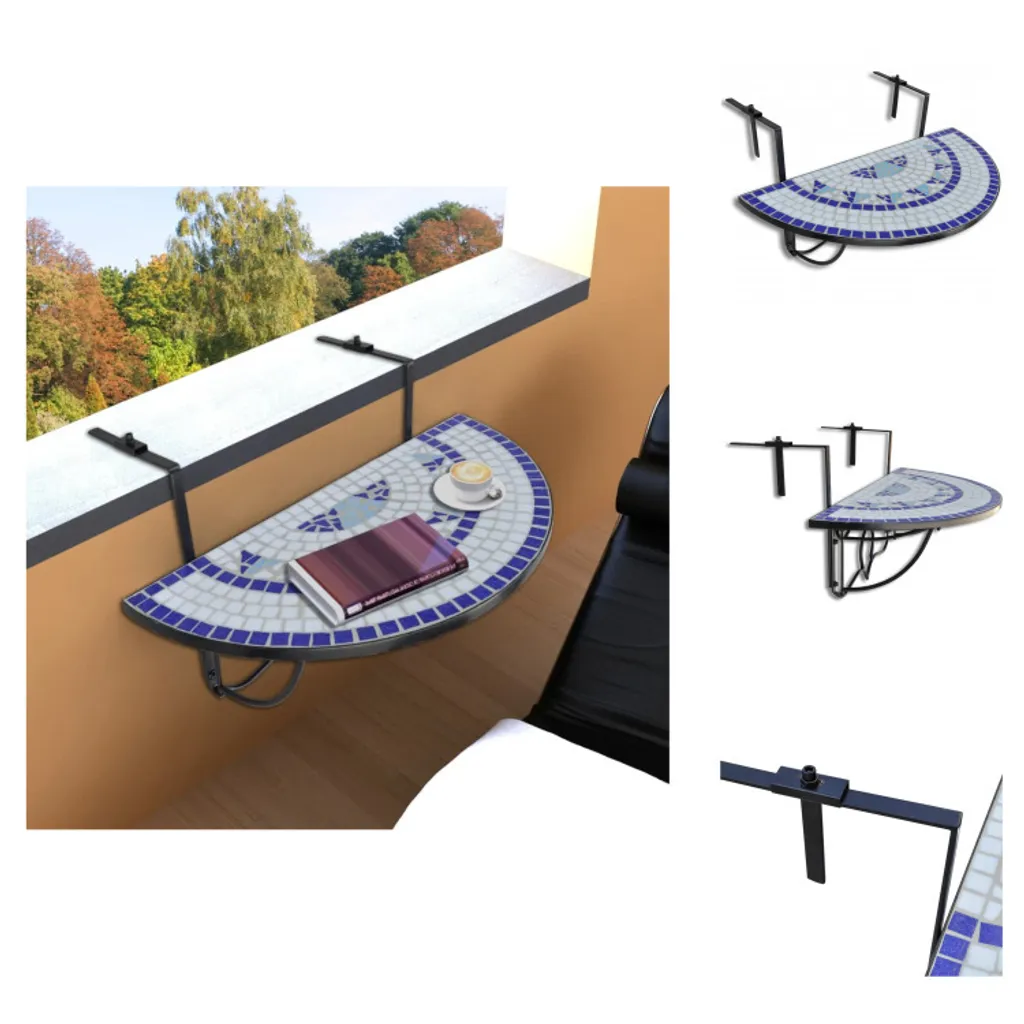 vidaXL Tavolo sospeso da balcone a mosaico blu e bianco - Tavoli da giardino