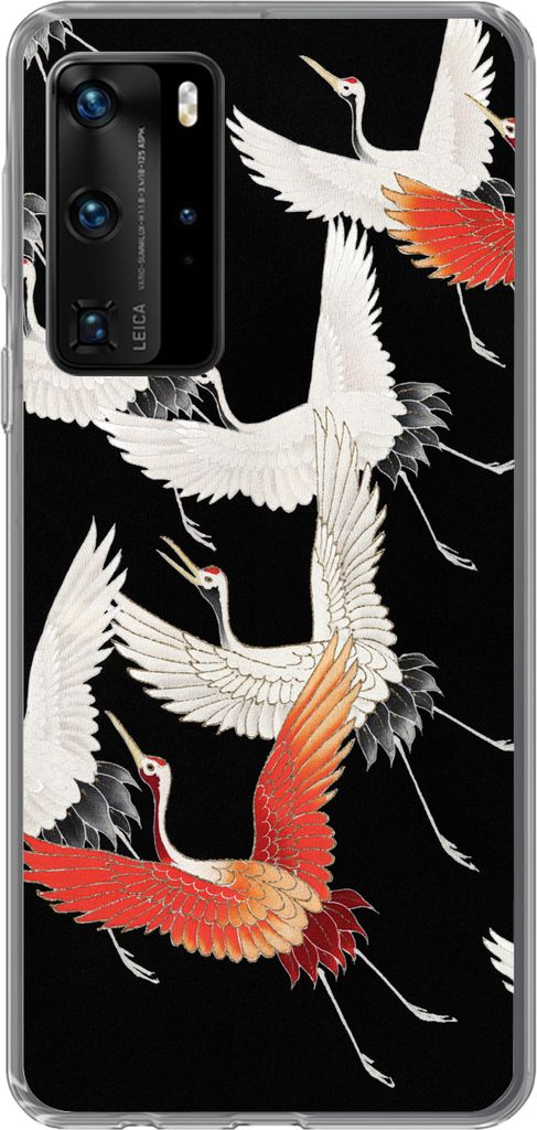 MuchoWow Handyhülle Schutzhülle Hülle für Telefoonhoesje Huawei P40 Pro Japandi - Kranich - Rot - Weiß Silikon Softcase Handy Hülle - Schutz