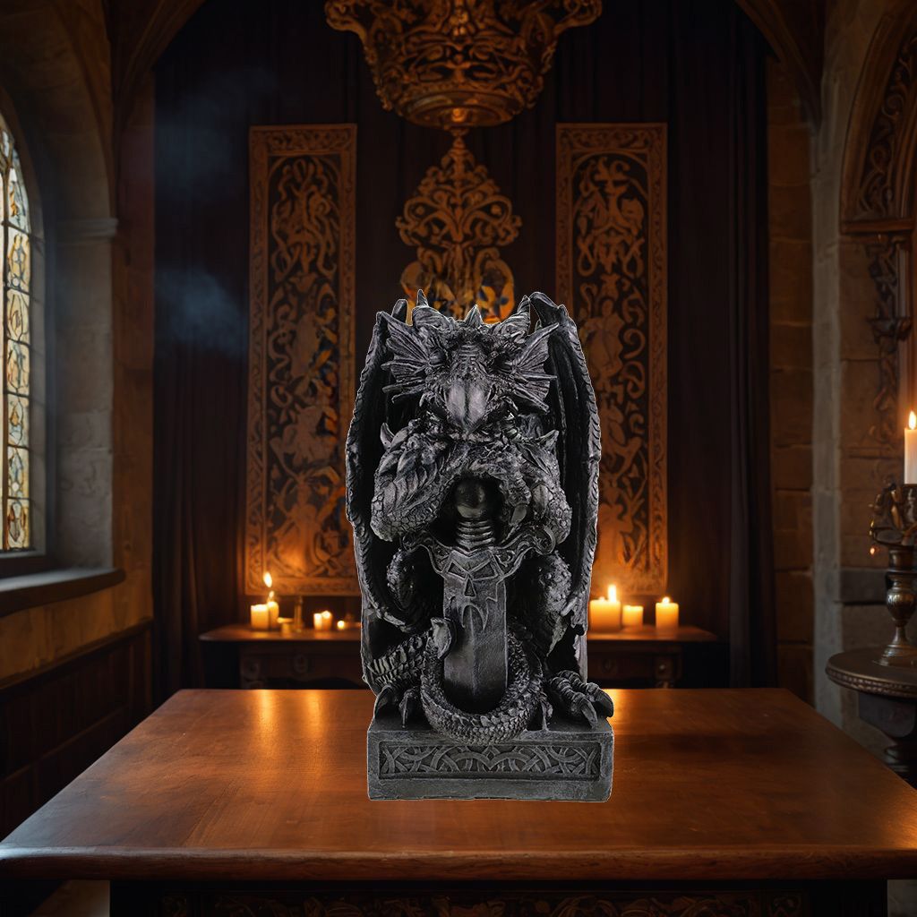 XXL Drache mit Schwert aus Polyresin - Fantasy Nachbildung 40x20x20 cm Figur Skulptur