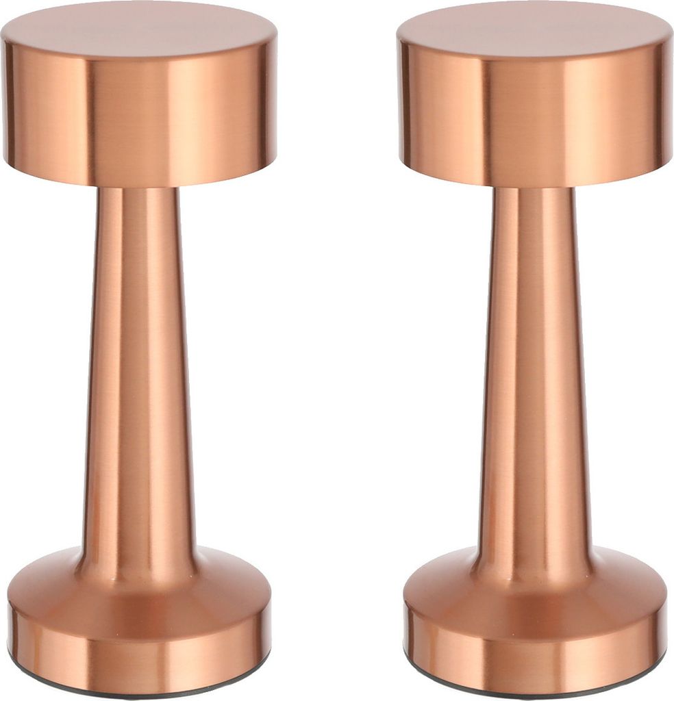 Two copper-colored table lamps are shown against a white background.