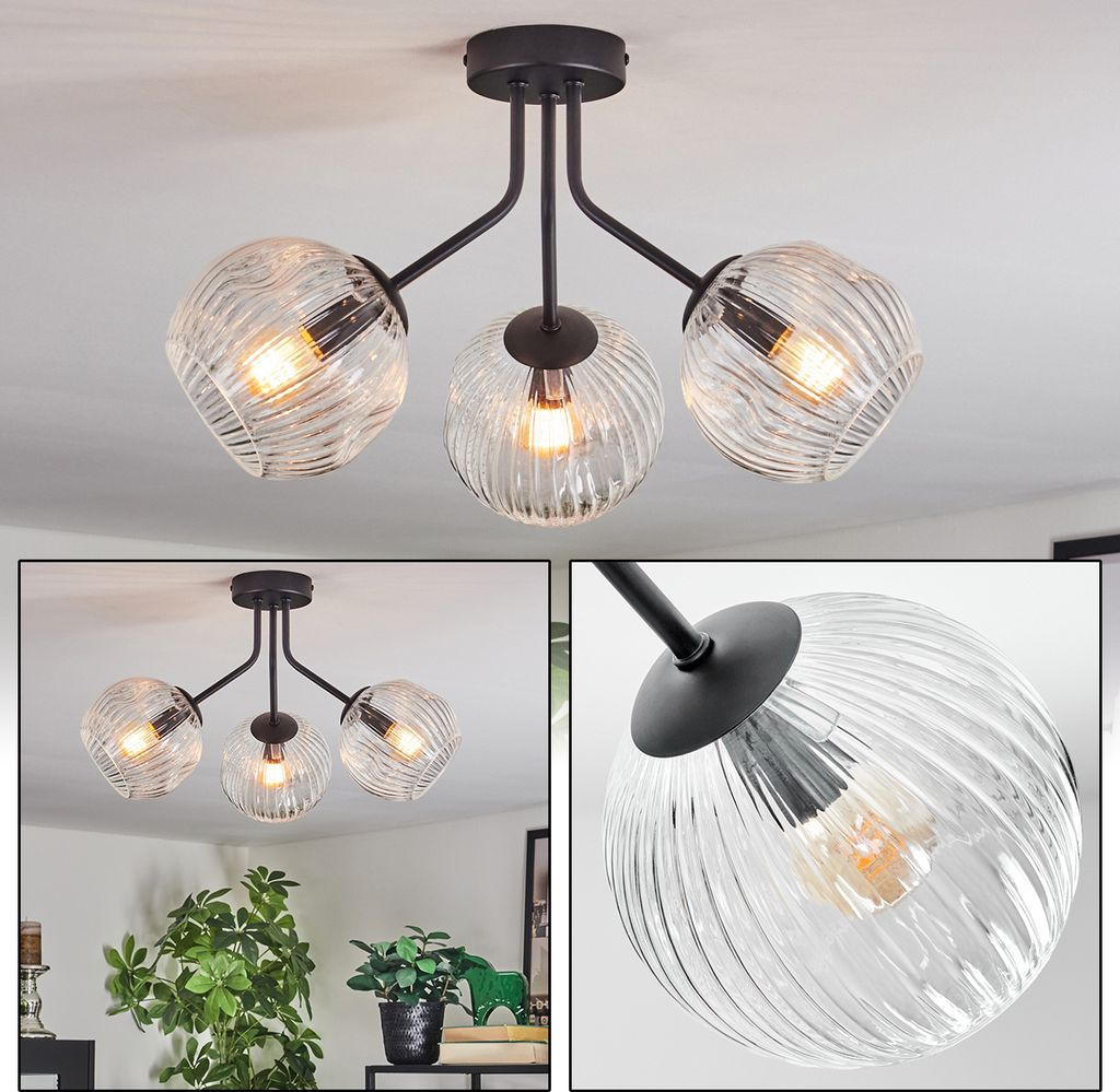 Villamare Deckenlampe aus Metall/Riffelglas in Schwarz/Klar