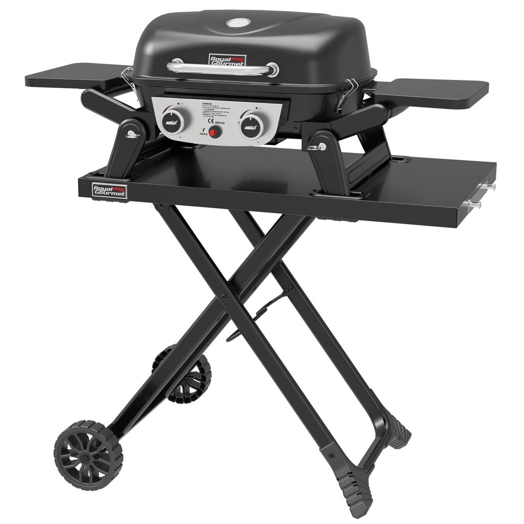 A black portable gas grill with a folding stand and wheels, shown against a white background.
