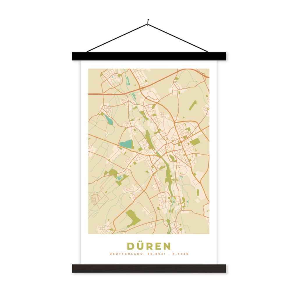 MuchoWow Textilposter Karte - Düren - Karte - Vintage - Stadtplan 120x180 cm mit schwarzem Rahmen - Fotos
