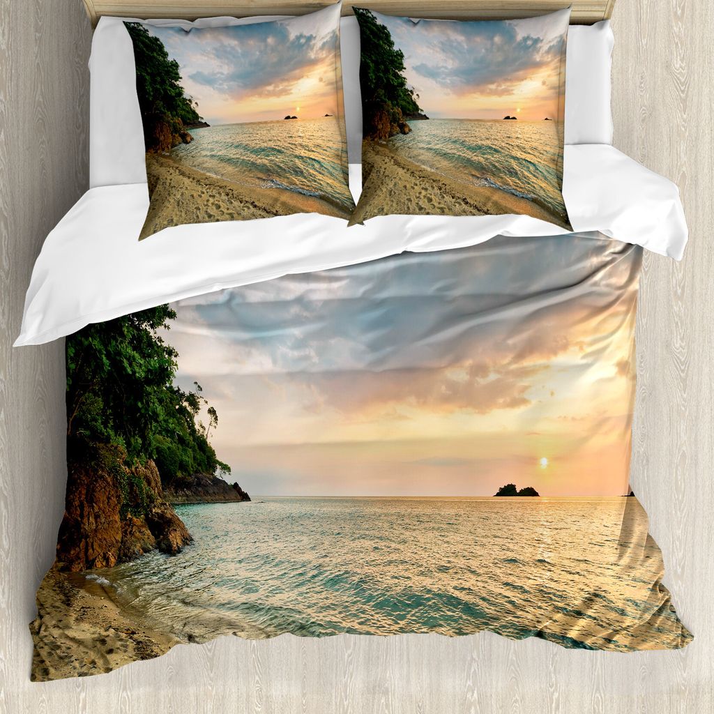 ABAKUHAUS Landschaft Bettbezugs Set Für Doppelbetten, Tropischer botanischer Wald, Milbensicher Allergiker geeignet mit Kissenbezügen, Türkis Pf...