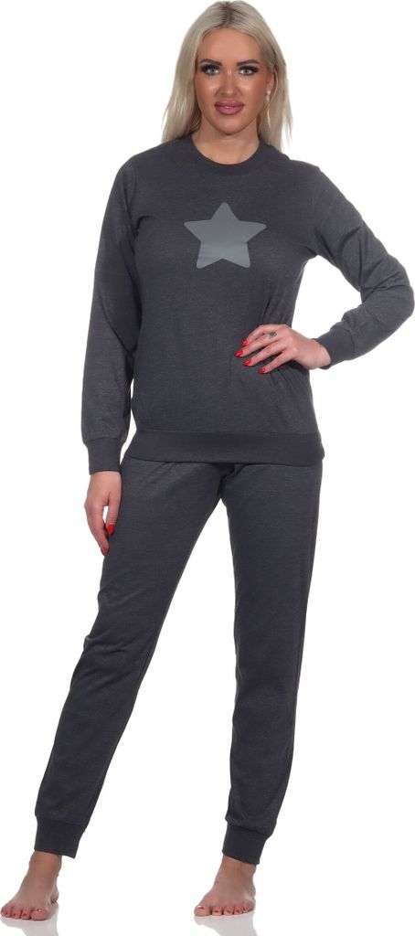 Lässiger Normann Damen langarm Schlafanzug Pyjama mit Bündchen und Stern Motiv ; anthrazit , 36