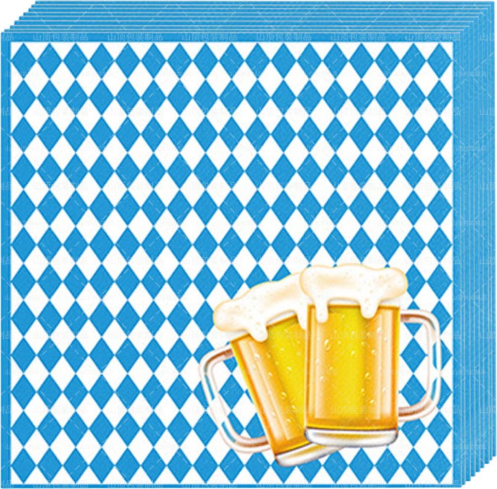 Bayerische Oktoberfest-Servietten. Oktoberfest-Dekoration – 40 blau-weiße Servietten (33 x 33 cm). Serviettenhalter und Oktoberfest-Accessoires.