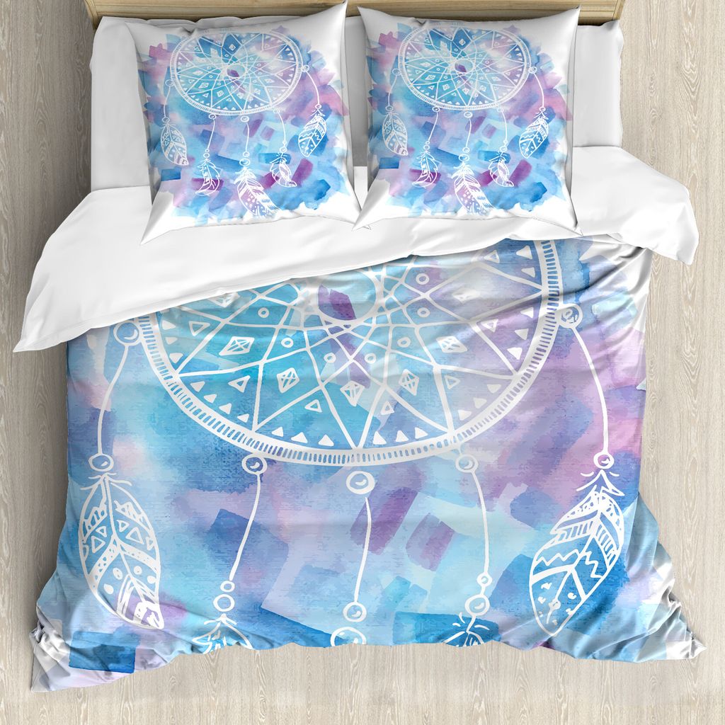 ABAKUHAUS Feder Bettbezug, Traumfänger Tribal, Milbensicher Allergiker geeignet mit Kissenbezügen, 200 cm x 200 cm - 80 x 80 cm, Blassblau Lila W...